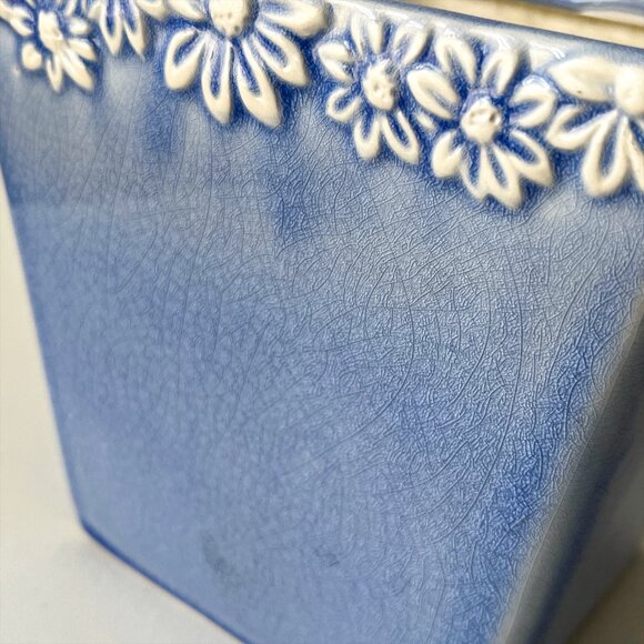 Embossed Floral Crackle Glaze Square Planter Pastel Blue Flower Pot 6" - Picture 2 of 5